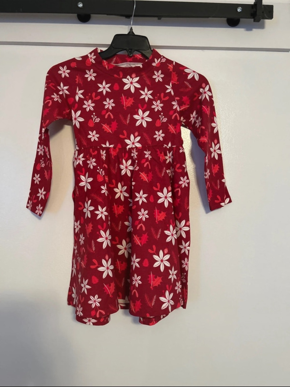 Girls' Red Floral Long-Sleeve Gathered Dress